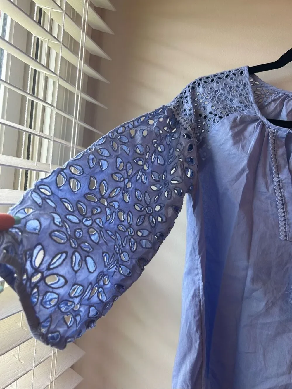 J.Crew Blue Eyelet Puff Balloon Sleeve Cotton Boho Tunic Top Size S festival
